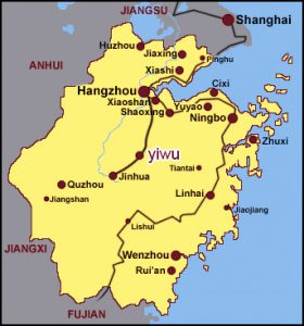 Mapa de localización de Yiwu en la provincia de Zhejiang